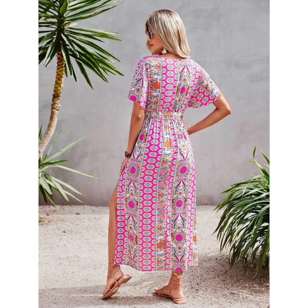 VCAY Allover Print Butterfly Sleeve Split Side Belted Dress - Picture 3 of 11